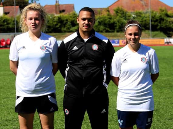 Worthing Ladies boss Karl Davy, pictured with players Gypsy Sutcliffe (left) and Millie Colbran. Picture by Mike Gunn