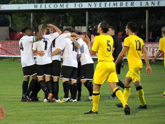 Pagham celebrate after Dan Simmonds' opener / Picture by Roger Smith