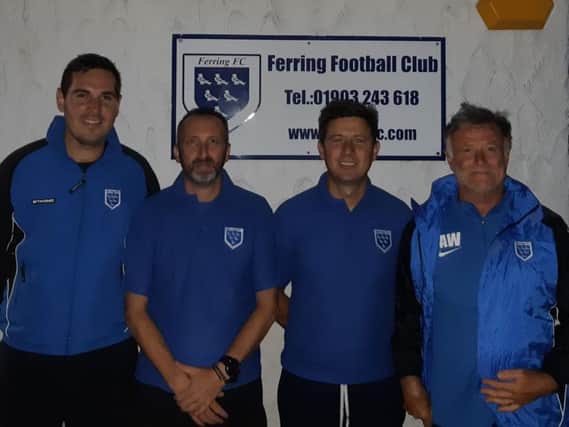 New Ferring chairman Jamie Wells (far left), joint manager Steve Ingold (second from left), Deyvid Teixeira (second from right) and first team coach Andy Wincell (furthest right)