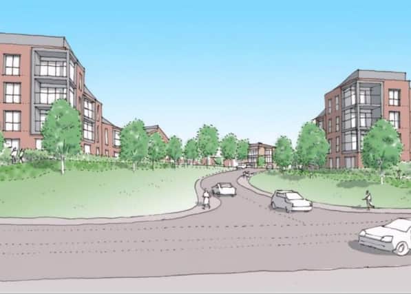 Artist's impression of the housing scheme at the former Harrow Lane playing field site. This is a sketch view of the site entrance from Harrow Lane.