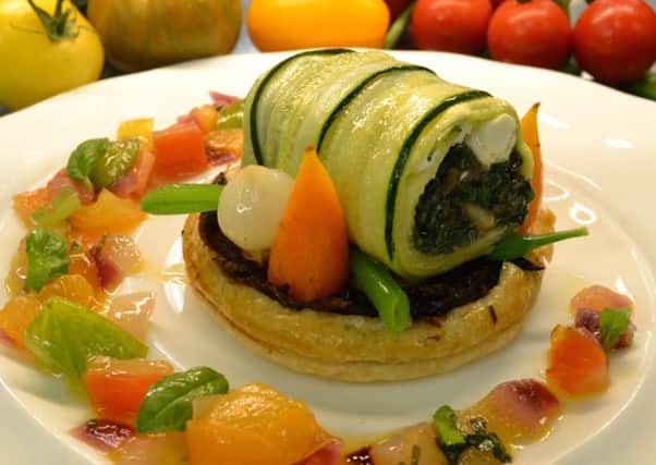 Summer on a plate: Courgette and spinach roulade with goats cheese tart and tomato relish