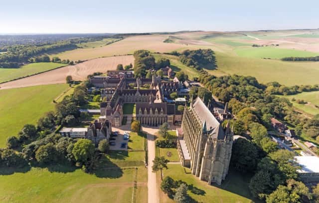 An aerial shot of the striking Lancing College building SUS-180816-181156001