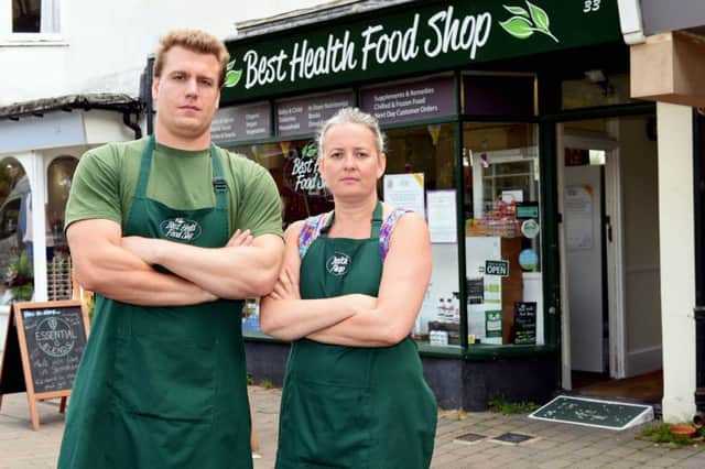 Shoreham shop hit by scammers. 

Best Health Food Shop was targetted by scammers who tried to get away with cash from the shop.

Pictured are owners of the shop Melanie Beard with her partner, Len  Glenville outside their shop. 

East Street, Shoreham, West Sussex. 

Picture:Liz Pearce 21/08/2018

LP181255 SUS-180821-195927008