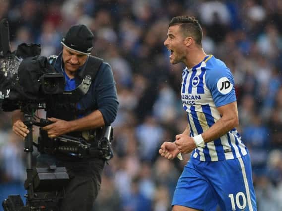Tomer Hemed celebrates scoring for Brighton & Hove Albion. Picture by PW Sporting Photography