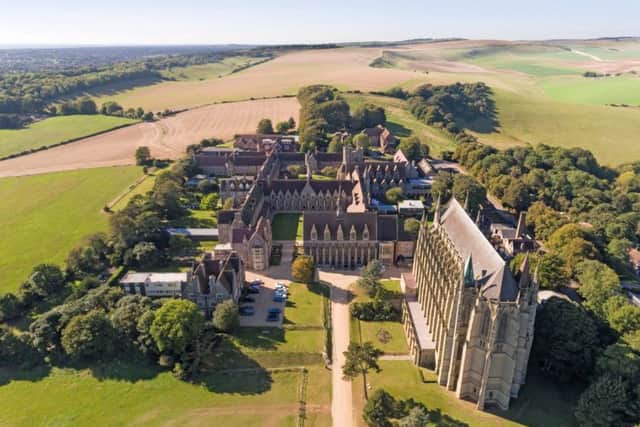 An aerial shot of the striking Lancing College building