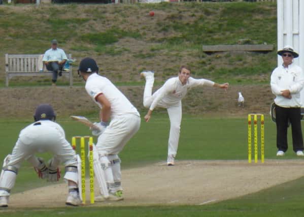 Josh Beeslee bowling for Hastings Priory against Preston Nomads. Pictures by Simon Newstead