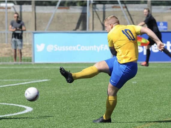 Charlie Pitcher scored four in Lancing's FA Cup win over Greenwich Borough. Picture by Stephen Goodger