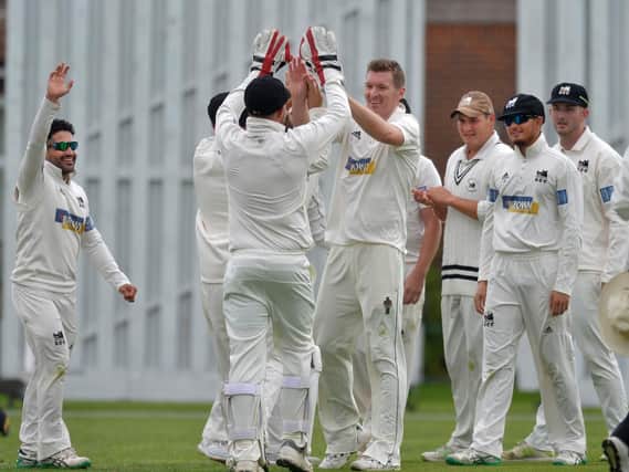 Roffey celebrate a wicket at Eastbourne on Saturday in their Sussex League Premier Division title decider. JON6495. Picture by Jon Rigby