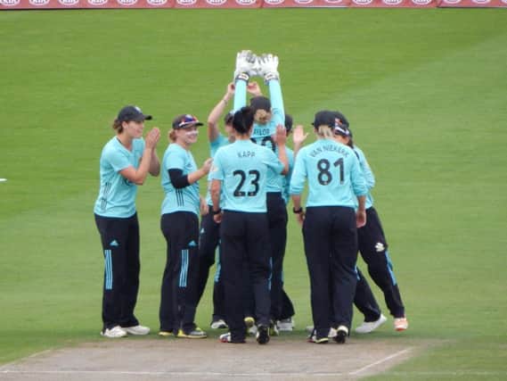 Surrey Stars celebrate the wicket of Rachel Priest