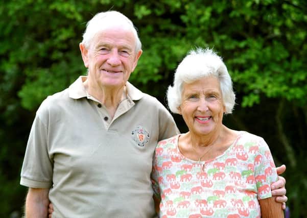 Grandad Ian Jepps is celebrating his 80th birthday by doing a 300m zip wire and a 24m freefall drop here with his wife Pauline. Pic Steve Robards SR1820986 SUS-180814-205943001