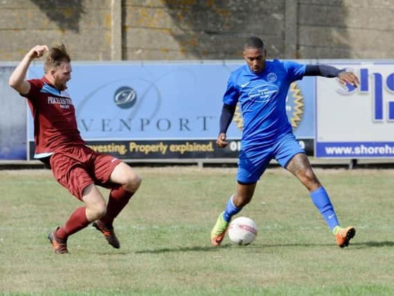 Stefan Joseph struck for Shoreham in the bank holiday Monday draw with rivals Lancing. Picture by Stephen Goodger