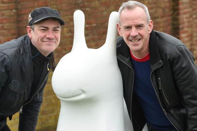 Cassette Lord and Fatboy Slim with their giant snail sculpture for Snailspace