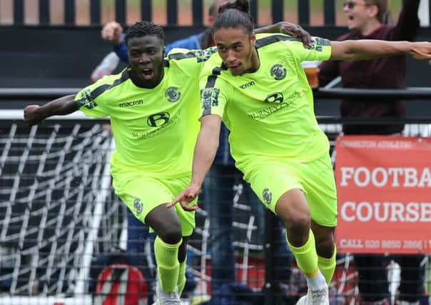 Daniel Ajakaiye (left) celebrates with Dayshonne Golding during Hastings United's 3-2 win at Sevenoaks Town. Picture courtesy Scott White