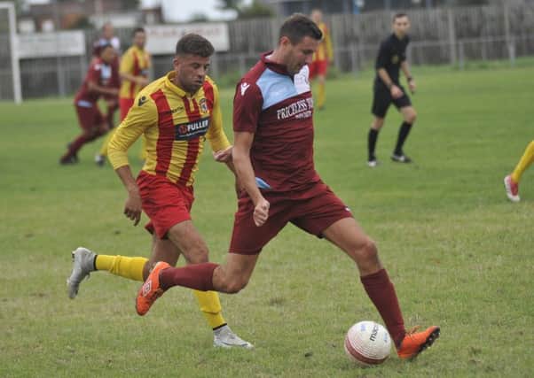 Lewis Parsons on the ball during Little Common's 1-1 draw at home to Lingfield on Bank Holiday Monday. Picture by Simon Newstead