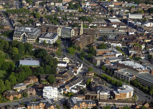 An aerial view of Horsham town centre with Albion Way to the right