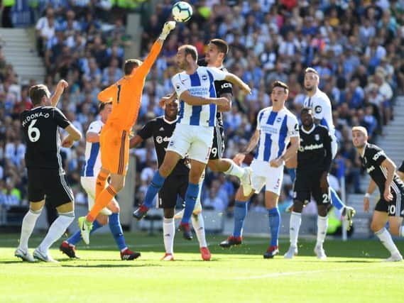 Fulham keeper Marcus Bettinelli punches clear a Albion cross. Picture by PW Sporting Photography