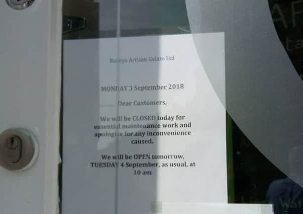 The notice informed customers that Baileys Artisan Gelato had closed for essential maintenance