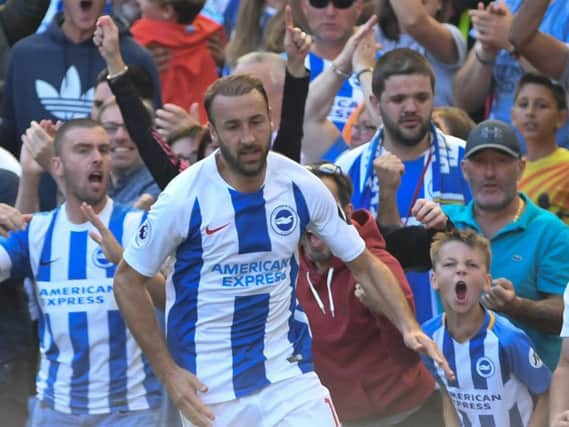 Albion fans celebrate after Glenn Murray's first goal against Fulham on Saturday. Picture by PW Sporting Photography
