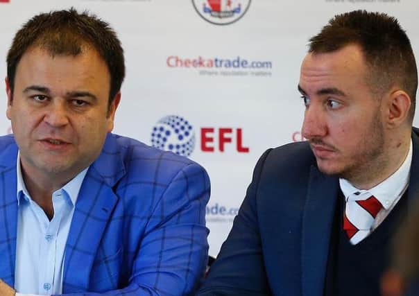 Crawley Town Football Club owner Mr Ziya Eren and director Selim Gaygusuz speak during a press conference at the Checkatrade.com Stadium in Crawley after the departure of Head Coach Dermot Drummy and his assistant Matt Gray. Picture by James Boardman/Telephoto Image