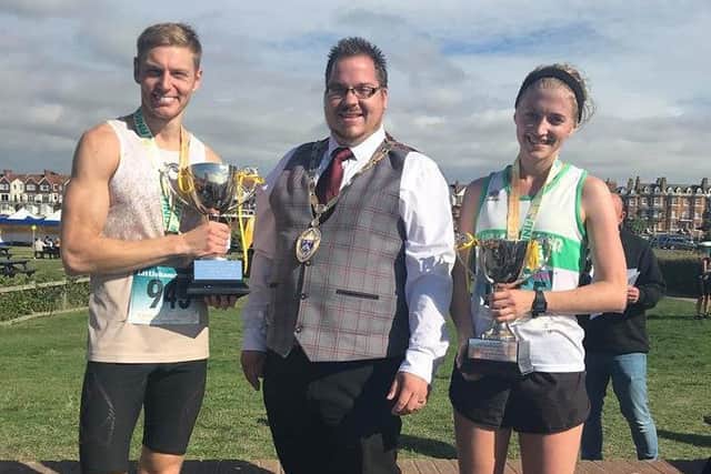 Littlehampton mayor Billy Blanchard-Cooper with fastest man Andrew McCaskill and fastest woman Lucy Thraves at the Chestnut Tree House 10k