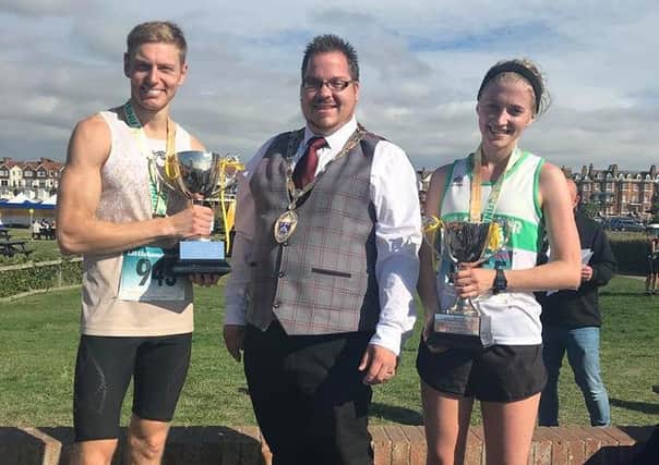 Littlehampton mayor Billy Blanchard-Cooper with fastest man Andrew McCaskill and fastest woman Lucy Thraves at the Chestnut Tree House 10k