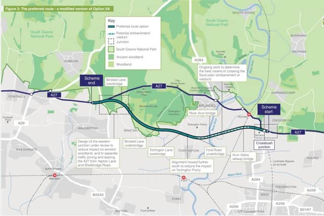 The modified Option 5a route for the A27 Arundel bypass. Diagram courtesy of Highways England
