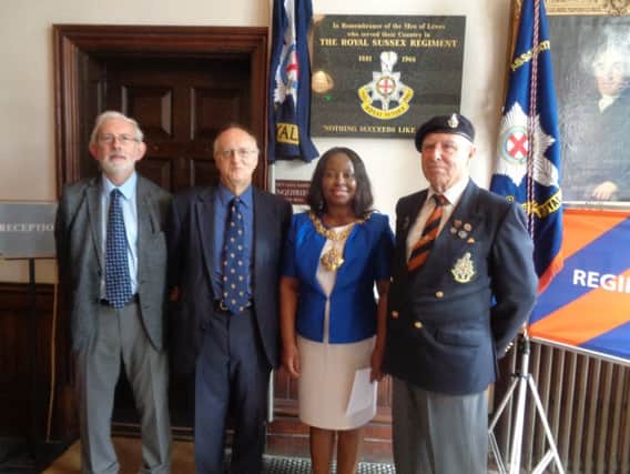 Fitting tribute ... Cllr Mike Chartier, Cllr Graham Mayhew, Mayor Cllr Janet Baah and Tony Oliver, secretary of the Lewes branch of the Royal Sussex Regimental Association who first came up with the initiative