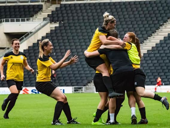 Chi City Ladies celebrate their late winner at MK / Picture by Tommy McMillan