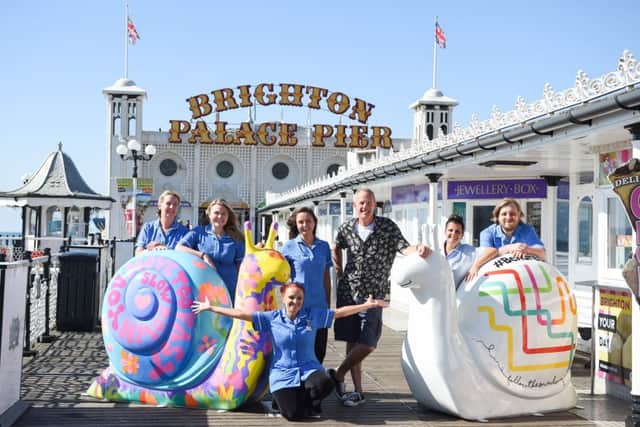 Norman Cook and Martlets nurses launch Snailspace at Brighton Palace Pier (Photograph: Simon Dack/Vervate)