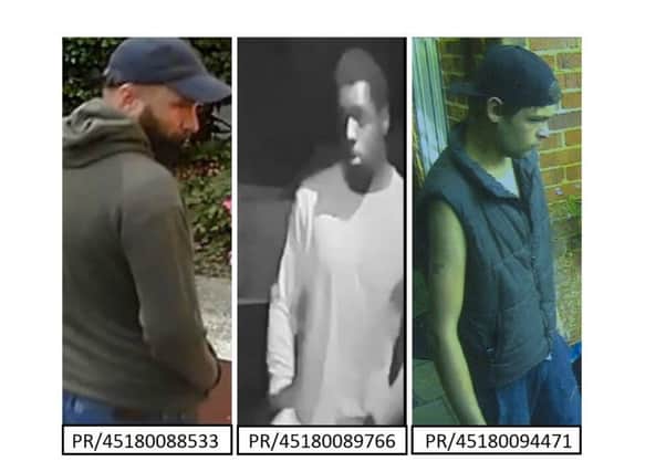Police would like to speak to these men in connection with several separate burglaries in Caterham, Horley and Epsom