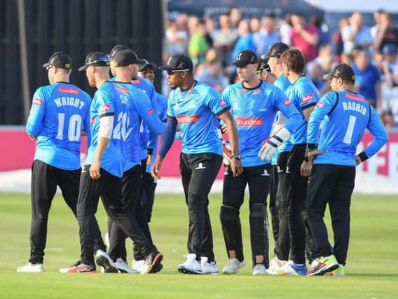Sussex players celebrate a wicket against Surrey during the Vitality Blast group stage. Picture by PW Sporting Photography