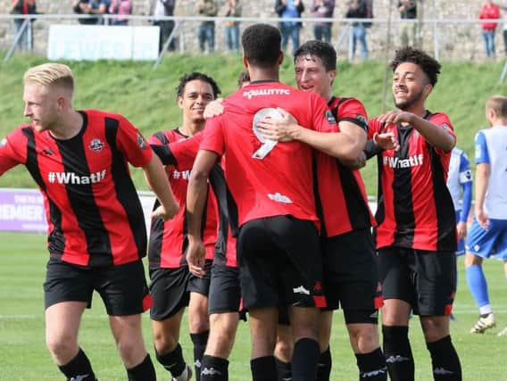 Lewes celebrate a goal against Enfield Town. Picture by Angela Brinkhurst
