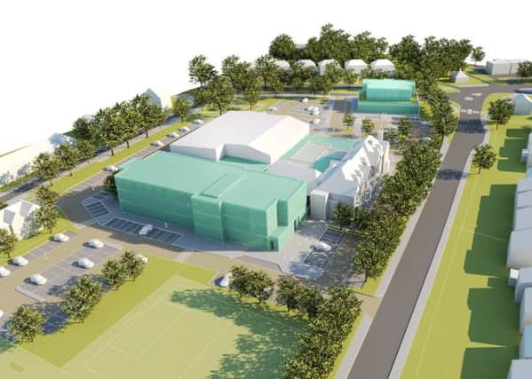 Aerial visualisation of redevelopment of Downs Leisure Centre site, proposed new buildings including new healthcare hub and convenience store, shown in green