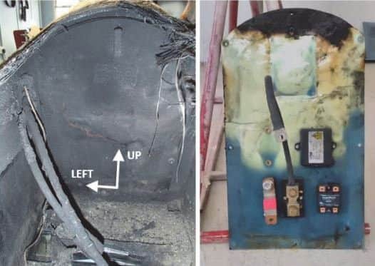 Fire damage to the FES battery compartment front access panel
(left) and to the front access panel (right). Photo coutesy of Air Accident Investigation Branch