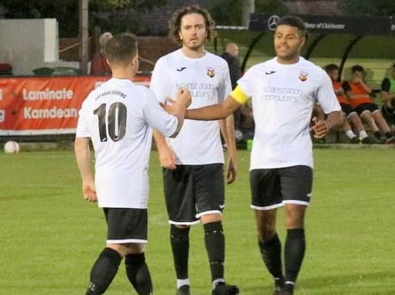 Pagham celebrate recent goals against East Preston - and they produced four more at Worthing Utd / Picture by Roger Smith