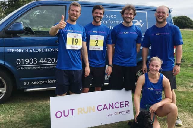 Sussex Performance Centre team based in Worthing and who work with Cancer United. Directors Nathan da Costa, Tom Austin, 5k winner Matt Sharp, Harry Short, director Michelle da Costa and Dennis the Dog (very much part of the team and the fastest dog in the 2018 run)