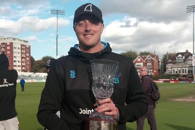 Ollie Robinson with the trophy after being named Sussex's county championship man of the season