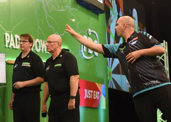 Rob Cross at the oche during his victory over Simon Whitlock at the Paddy Power Champions League of Darts. Picture courtesy Chris Dean/PDC