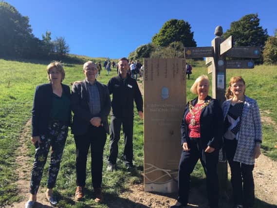 Trevor Beattie, of South Downs National Park was joined by local ranger Tim Squire; Mayor Gill Mattock; and Lady Lucas to officially welcome the new sign.