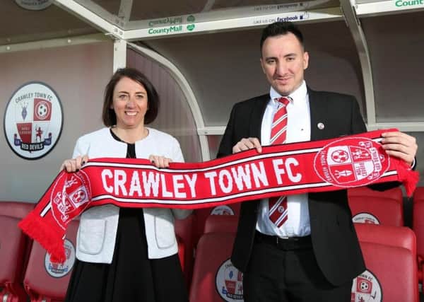 Crawley Town operations director Kelly Derham with director of football Selim Gaygusuz.
Picture by James Boardman.