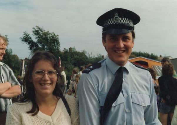 Kevin Moore as a rural beat officer at Camber Sands 1980 attending Camber Village fete with his wife Ann Moore