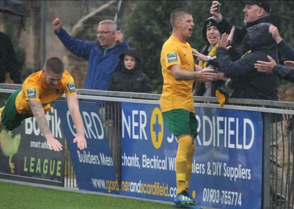 Chris Smith and Rob O'Toole celebrate the latter's winning goal against Heybridge Swifts on Saturday. Picture by John Lines