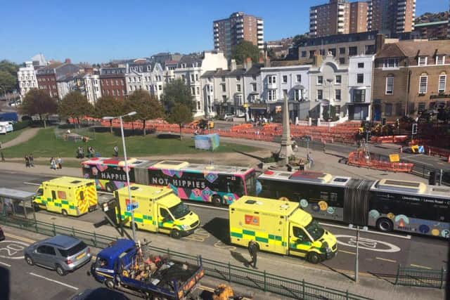 Ambulances at the scene of the bus collision in Brighton (Photograph: Kirstie Emma Wright)