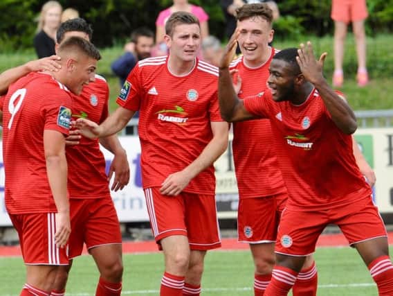 Worthing celebrate a goal in their home win against Wingate earlier this season. Picture by Stephen Goodger