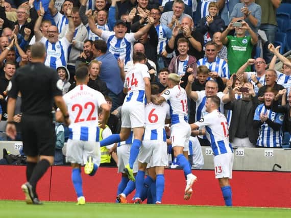 Albion celebrate a goal in the win over Manchester United this season. Picture by PW Sporting Photography