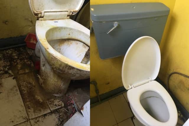 A toilet before and after
