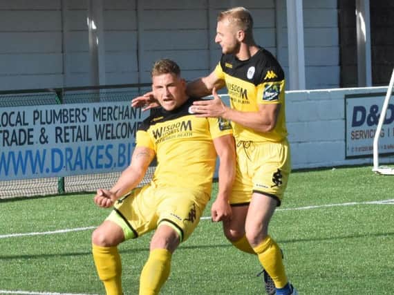 Karly Akehurst celebrates his goal with Max Miller. Picture by Grahame Lehkyj