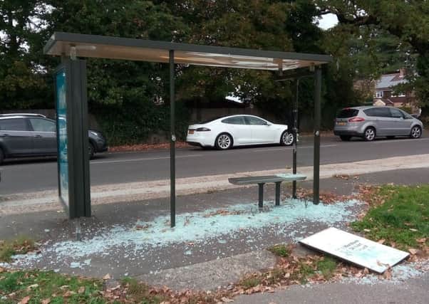 One of the smashed bus stops along Guildford Road