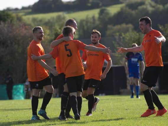 Mile Oak celebrate a goal in the win over Midhurst & Easebourne. Picture by David Jeffery