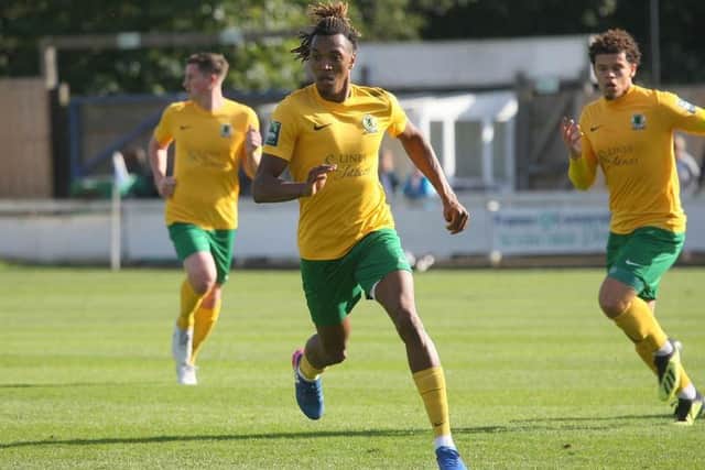 Tyrell Richardson-Brown bagged Horsham's second on 92 minutes as the Hornets overcame Bury Town 2-1 in the FA Trophy. Picture by John Lines.